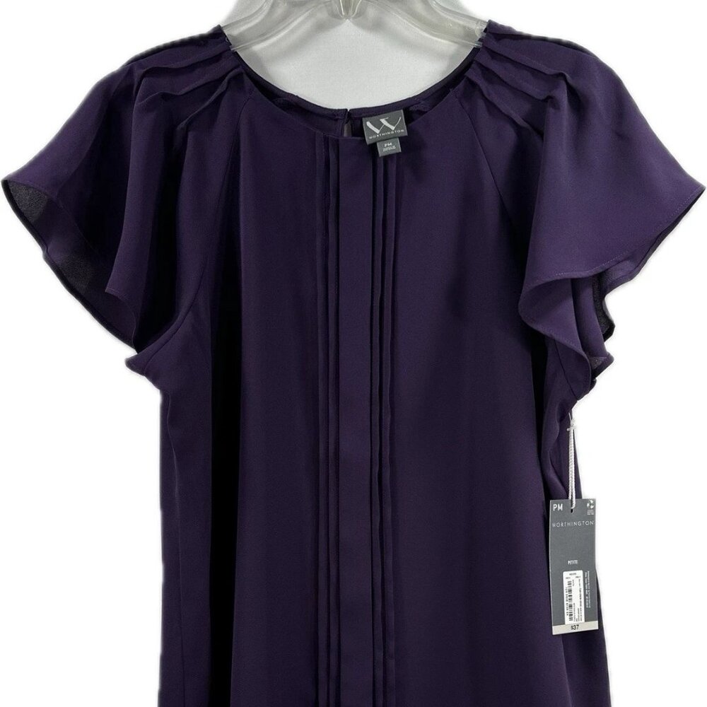 Worthington Petite Women's Top Purple Pleated Cap Sleeves Scoop Neck Size PM